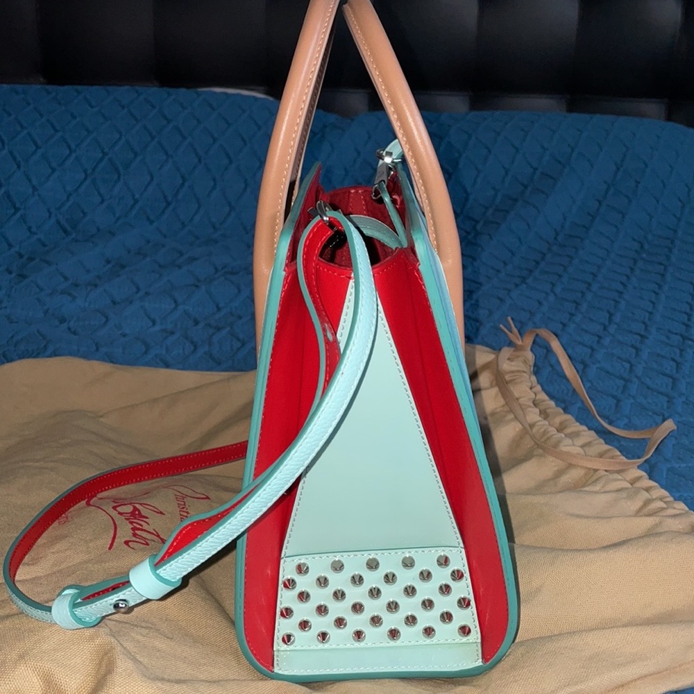 Christian Louboutin Mint Blue and Red Studded Leather Handbag